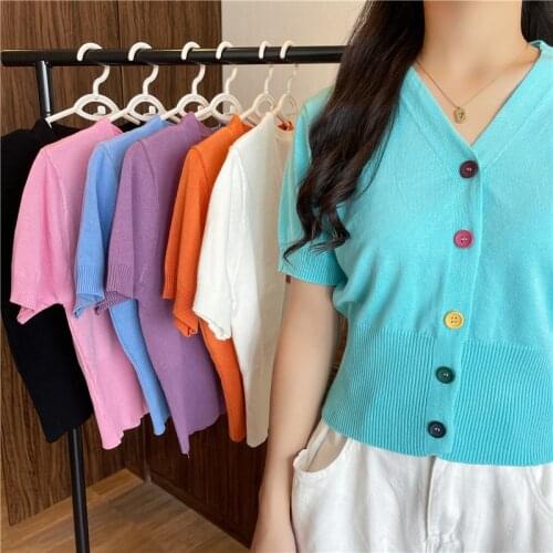 Summer Colorful Buttons Sweater Cardigan Women Knitted Short Sleeve Thin Cardigans Crop Tops Single-breasted Sweater Shirts