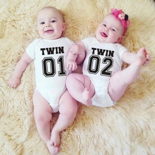 Twin 01/02 Newborn Baby Bodysuit Funny Print Short Sleeve Body Baby Boy Girl Cotton Onesie Rompers Baby Twins Clothes