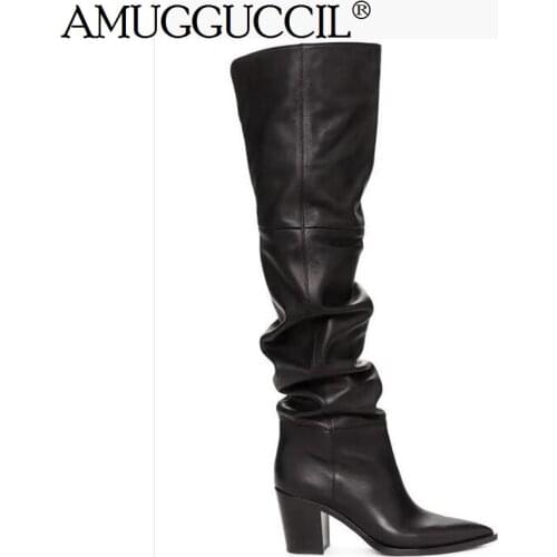 2020 New Plus Big Size 31-45 Black Pleated Fashion Sexy Over The Knee Thigh High Heel Autumn Winter Female Lady Women Boot X1877