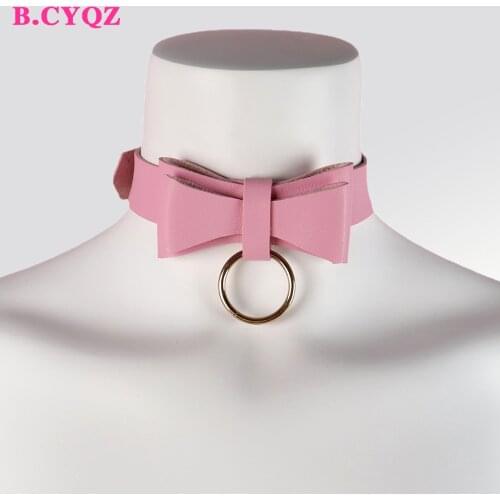 B.CYQZ Bowknot Necklaces Sexy Pink Goth Choker Punk Leather Belt Collar Harness Women Girls Harajuku Neck Collar Accessories