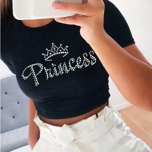 Ladies Streetwear Women Summer Fashion Short Sleeve Crop Tops Shiny Hot Drill Rhinestone Crown Princess Letter Black T-Shirt