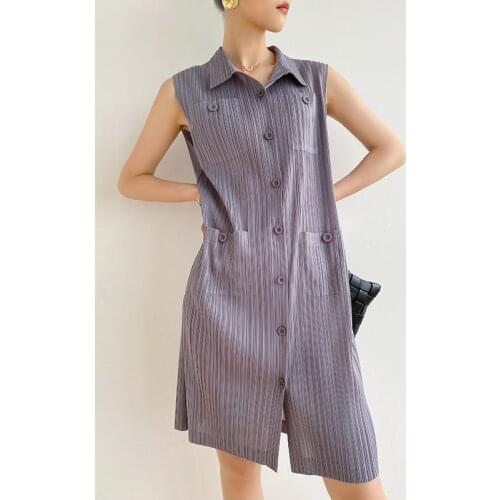 Miyake pleated sleeveless dress women 2021 summer button dress long dress