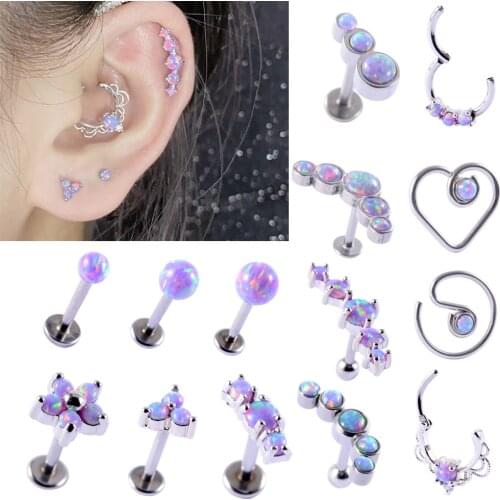14PCS Cluster Ear Tragus Helix Cartilage Piercing Surgical Steel Opal 38 Nose Ring Septum Clicker Daith Earring Labret Jewelry