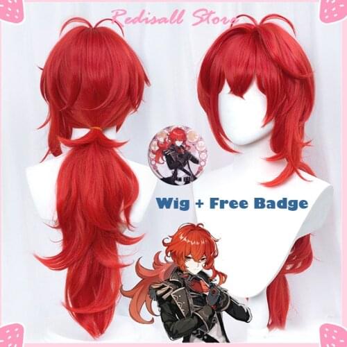 In Stock Diluc Wig Genshin Impact Cosplay Red Hair Long Curly Styled Heat Resistant for Adult Men Women Halloween Role Play