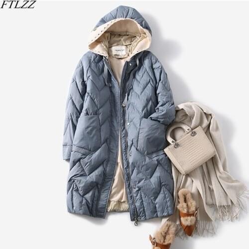 FTLZZ Winter Knitting Splicing Hooded Warm Long Jacket Women 90% White Duck Down Coat Solid Color Straight Tube Puffer Outwear