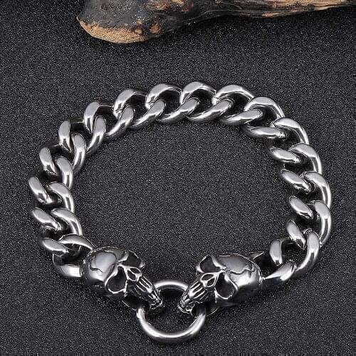 Gothic Double Skull Stainless Steel Bracelet For Men 316L Skeleton Charm Link Chain Male Bracelets Jewelry New