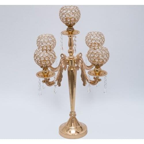 H62cm * W34cm, 5 Heads Crystal Candelabra Candle Holder wedding Centerpiece flower Vase Candle holder Gold candelabrum
