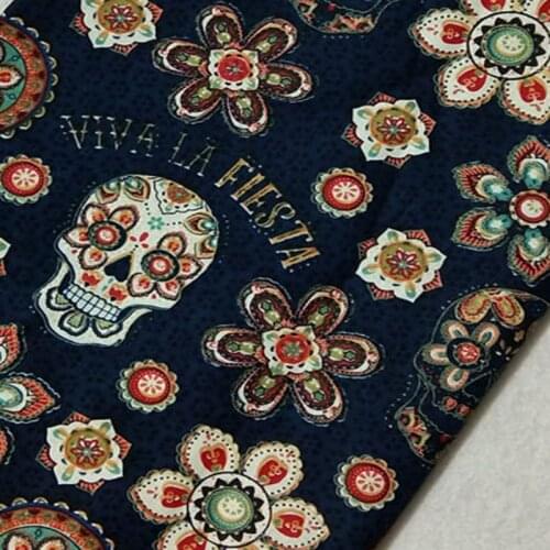 Skull Cotton Fabric viaPhil Vintage Punk Halloween Blooming Pumpkin flower skull Flower Ghost Print Patchwork Cloth Dress Home