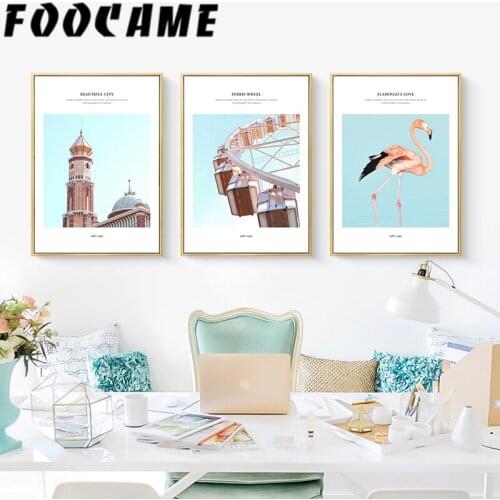 Building City Flamingo Nordic Poster Canvas Print Landscape Painting Wall Art Modern Decoration Home Pictures Living Room