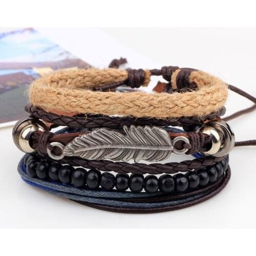 KEJIALAI Wholesale Boho Gypsy Hippie Punk Brown Leather Old Silver Color Feather Charm Wooden Beads Beige Cord Bracelets for Man