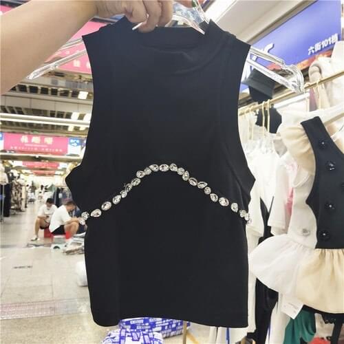 Summer Tank Women Crop Top Diamond-Embedded Sleeveless Tight Stretch Underwear Round Neck Off-Shoulder Slim Vest Shirt Femme