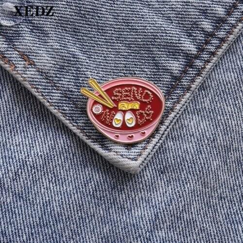 XEDZ cute pink tableware enamel pin egg noodle delicious lunch badge cartoon food funny clothes punk lapel brooch jewelry gift