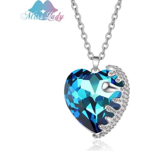 Miss Lady Silver Color Blue Love Heart Shape Pendant Necklaces Fashion Summer Jewelry for Women Wedding Bridal NL00274