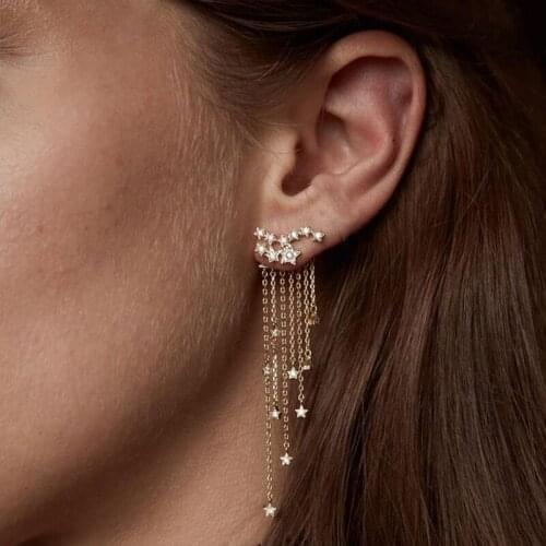 Trend Gold Color Crystal Long Metal Tassel Earrings Fashion Star Streamlined Bridal Wedding Jewelry Drop Earrings for Women