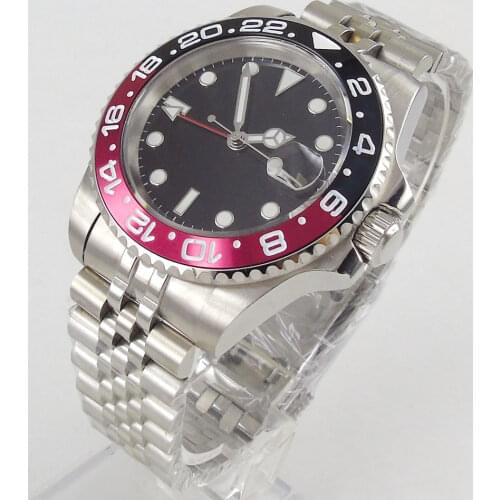40MM Sterile Black Dial Sapphire Glass Seeing Case Back Jubilee GMT Date Automatic Mens Wristwatch