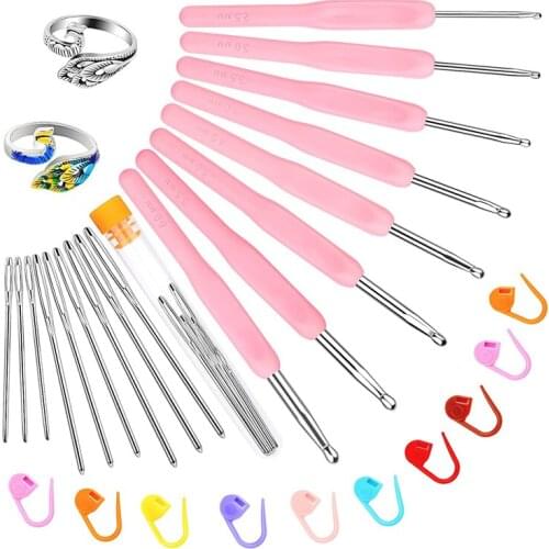 RORGETO Crochet Needles Set Pink Crochet Hooks Knitting Loop Rings 3 Sizes Sewing Needles and Stitch Markers for Knitting