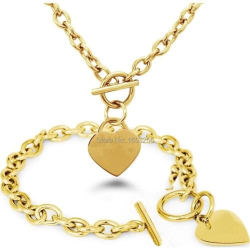 One Set Gold Stainless Steel Shiny Love Icon Heart Tag Necklace & Bracelet Matching Jewelry Set For Women Gifts