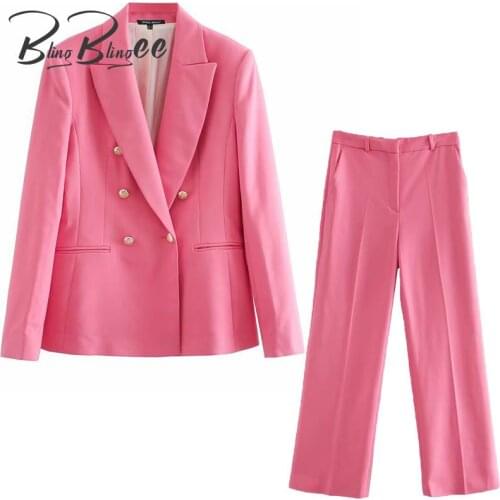 BlingBlingee OL Style 2021 Autumn Women Suits Casual 2 Piece Set Office Lady Blazers and Ankle Length Straight Pants Female Pink