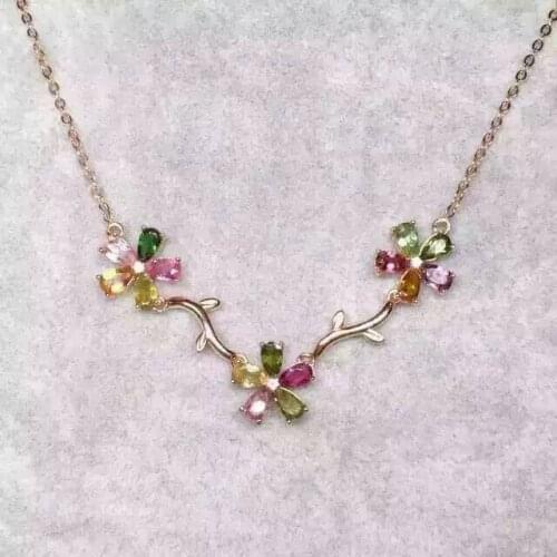 Natural multicolor tourmaline Necklace natural gemstone Pendant Necklace S925 Sterling silver trendy Flowers women party Jewelry