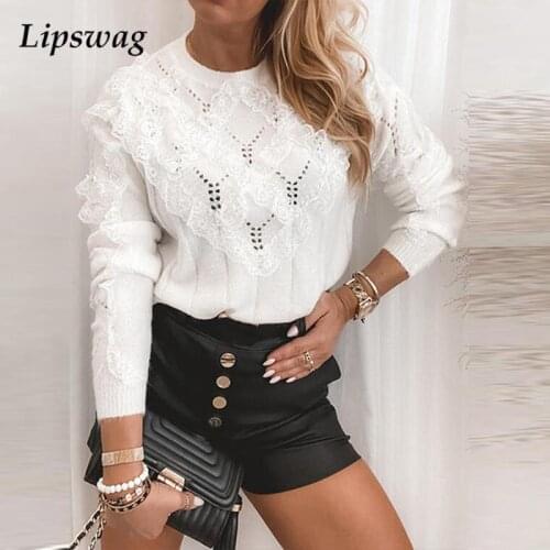 Fashion Elegant Hollow Out Ruffle Lace Sweater Pullover Autumn Winter Casual O-Neck Warm Jumper Women Solid Long Sleeve Knit Top