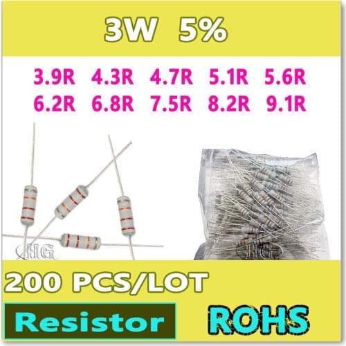 JASNPROSMA 200PCS/LOT 5% 3W 3.9R 4.3R 4.7R 5.1R 5.6R 6.2R 6.8R 7.5R 8.2R 9.1R carbon film DIP OHM Resistor