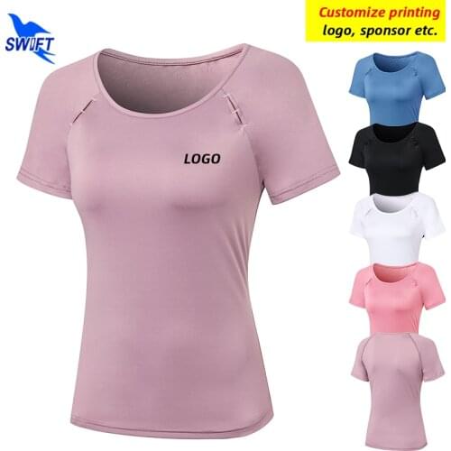 Customize LOGO Quick Dry Sport Shirts Solid Women Workout Tops High Elastic Gym Yoga Running Breathable Short Sleeve T-Shirts