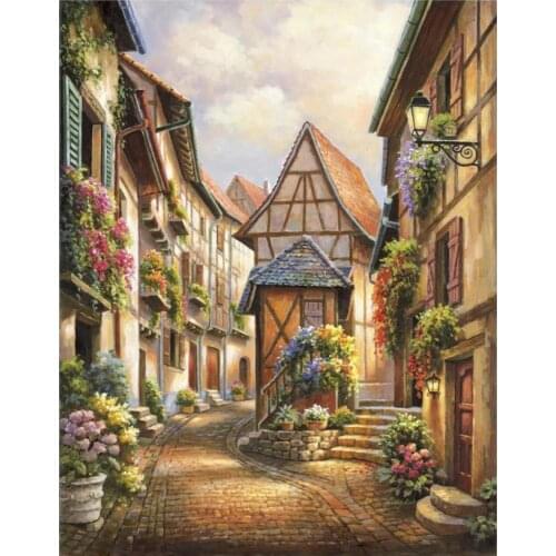 Mediterranean canvas oil painting landscape pictures Village Court art for home wall decoration