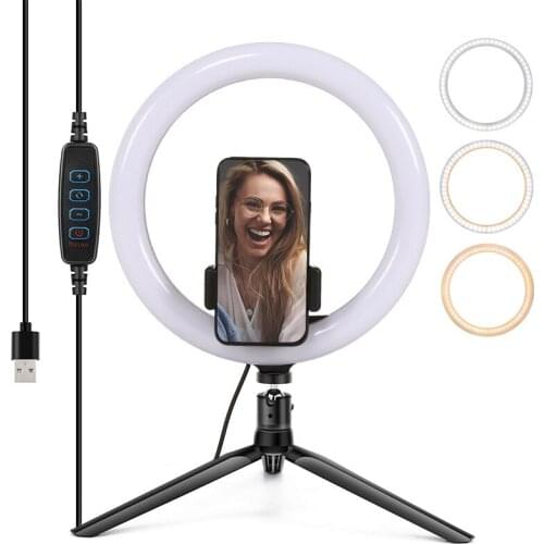 10 Inch 6500K LED Selfie Ring Light USB Table Ring Lamp Photography Light with Phone Holder Desk video light for Makeup Youtube