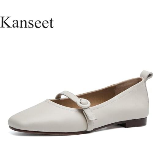 Kanseet New Women Flats Shoes Shallow Low Heels Square Toe Black Beige Khaki Genuine Leather Buckle Brand Casual Loafer Pumps