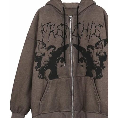 Hip-hop Streetwear Brown Jacket Coat Vintage Angel Print Womens Hoodies Harajuku Anime Women Coat Zipper Y2k Women Clothing Zip