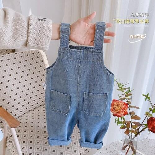 Spring Blue Jeans Overalls For Baby Girl Casual Pants Toddler Kids Denim Jumpsuit With Big Pocket