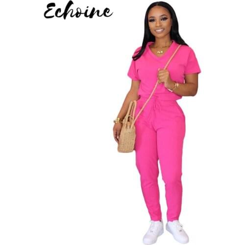 Echoine Women Casual Short Sleeve T Shirt Pencil Pants Two piece Set Solid V Neck Lace Up Skinny Pants With Pockets TrackSuits