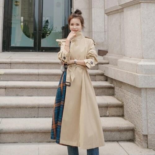 Windbreaker Female Contrast Color Stitching Korean Temperament Fad Spring Autumn Loose Casual Long Trench Womens Coats Clothing