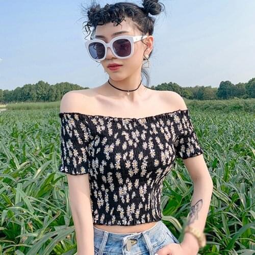 Women Floral Blouses Sexy Off Shoulder Print Shirts Short Sleeve Ruched Blouses Korean Style Tops