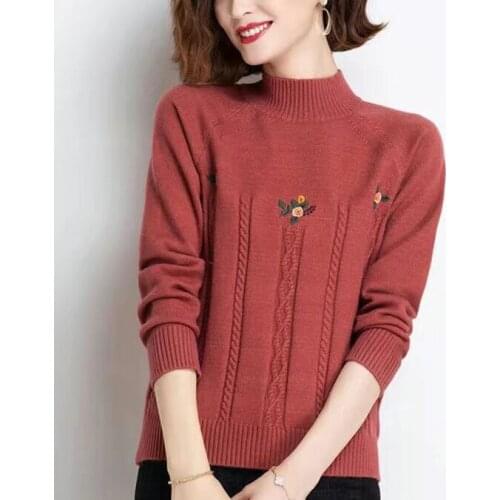 2021 Autumn Winter Embroidered Flowers Thick Sweater Women Knitted Ribbed Pullover Sweater Long Sleeve Turtleneck Slim Jumper