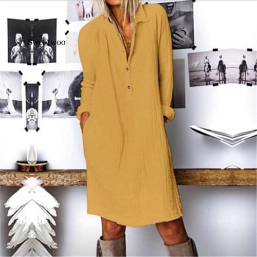Fashion Autumn Lapel Neck Long Shirt Dress Women Long Sleeve Buttons Cotton Linen Sundress Casual Loose Work OL Vestido