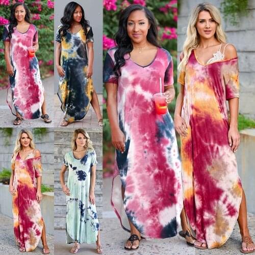 4 Colors Women Casual Loose High Waist Long Dress Fashion Tie Dye V-neck Short Sleeve Split Dresses Summer Nightclub Party Robe