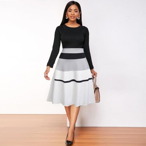 OTEN Womens Elegant O-Neck Striped Colorblack Patchwork Swing Stitching 3/4 Sleeves Knee-length A-line Dress Vestidos