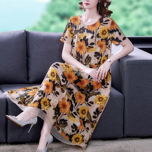 2021 Vintage Print Mulberry Silk Midi Dress Summer Beach Casual Floral Chiffon Maxi Sundress Women Elegant Bodycon Party Vestido