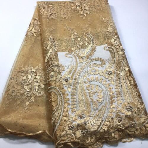Gold African Lace Fabric 2021 High Quality Embroidered Beaded French Tull George Nigerian Lace Fabrics for Wedding Dress D17461