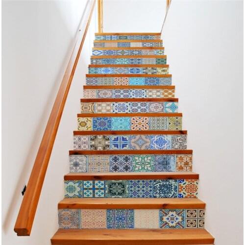 13 Pcs/Set Creative DIY 3D Stairway Colorful Stickers Ceramic Tiles Pattern for House Stairs Decoration Staircase Wall Sticker