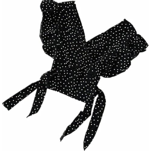 2021 Sweet Polka Dots V-Neck Pleated Blouse Short Petal Sleeve Elastic High Waist Bowtie Chiffon Shirts Sexy Ruffles Tops