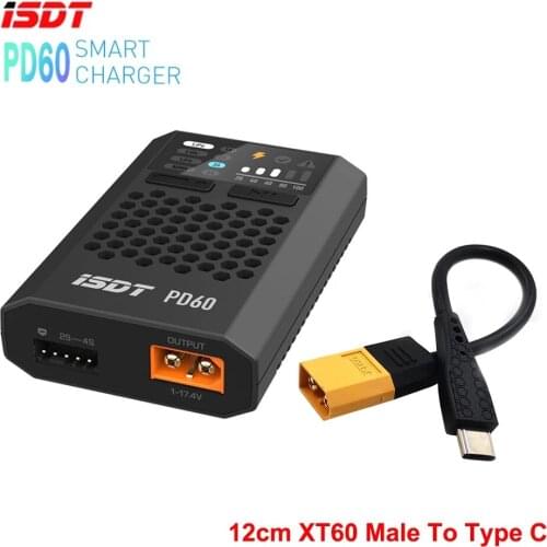 ISDT PD60 60W Lipo Battery Balance Charger Type-C Input For Lipo LiHV LiFe NIMH/Cd Battery For RC Car Racing Drone