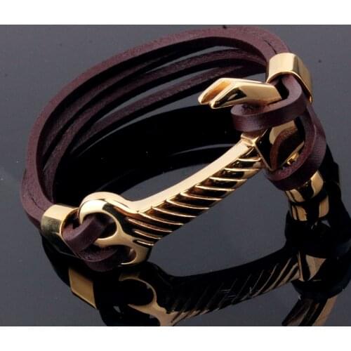 Hot Sale Stainless Steel Black Genuine Leather Hammer Design Bracelet Chain Cuff Bangle Mens Boys Jewelry