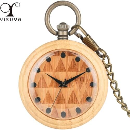 Trendy Natural Bamboo Pendant Quartz Pocket Watch Retro Bronze Fob Wooden Pocket Timepiece Black Analog Display Open Face Clock