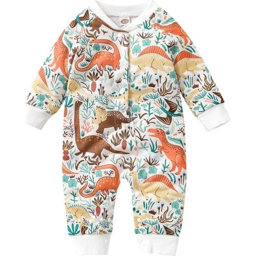 Bmnmsl Baby Snap-Up Jumpsuit Winter Warm Long Sleeve Cartoon Dinosaur Print Footless Romper