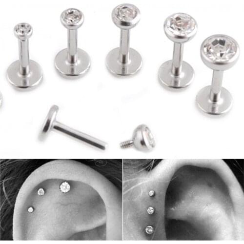 Gem Lip Stud Cartilage Helix Tragus Clear Crystal Ear Labret Earring BAR Internally Threaded 16G