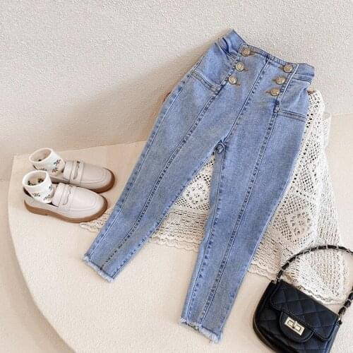 Spring Autumn Girls Denim Pants Baby Trousers Kids Jeans Children Pants Back Streychable Medal Gold Button 4 To 14 Yrs