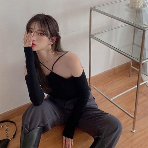 Off Shoulder One Line Collar T-shirt Sexy T Suspender Bottomed Long Sleeve Shirt Women Tshirt Autumn Winter Plush Foreign Style