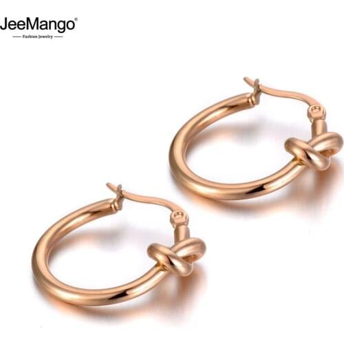 JeeMango Original Design Titanium Stainless Steel Knotted Hoop Earrings Trendy Bohemia Office Party Earrings For Women JE19282